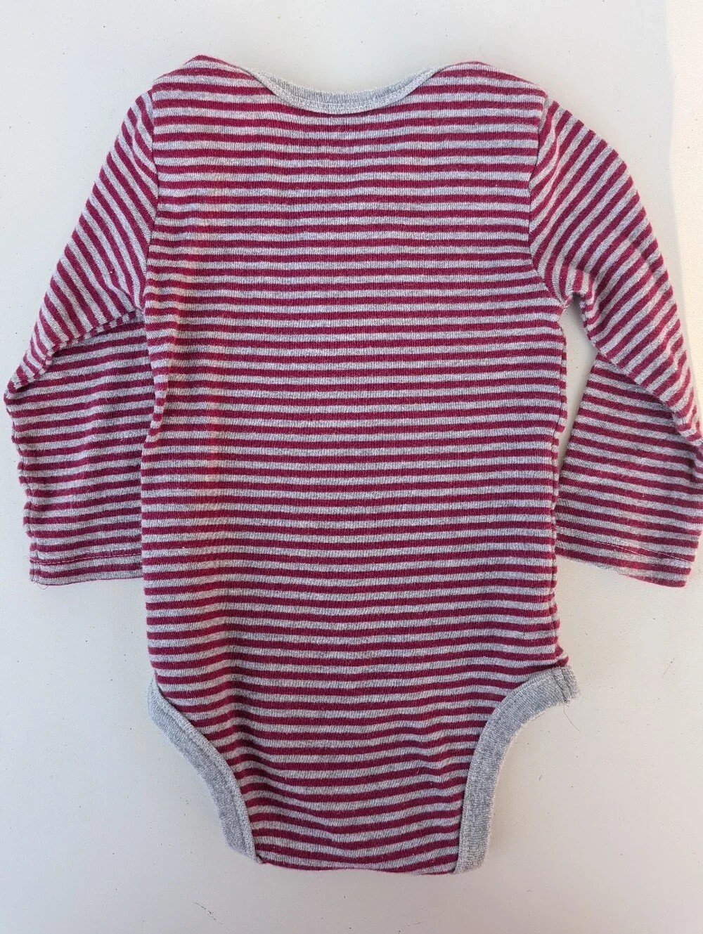 Burts Bee's Baby Long Sleeve Striped Onsie Raspberry Red/Grey Stripe 3-6M
